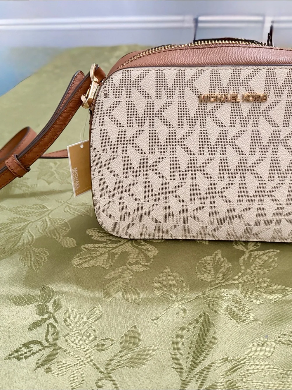 Michael Kors Cream and Brown Signature Dome Crossbody